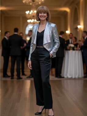 Donna Karan Silver Sequin draped open front evening statement metallic jacket